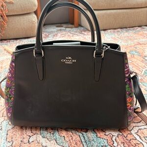 Coach Black Satchel with Purple Floral Accents